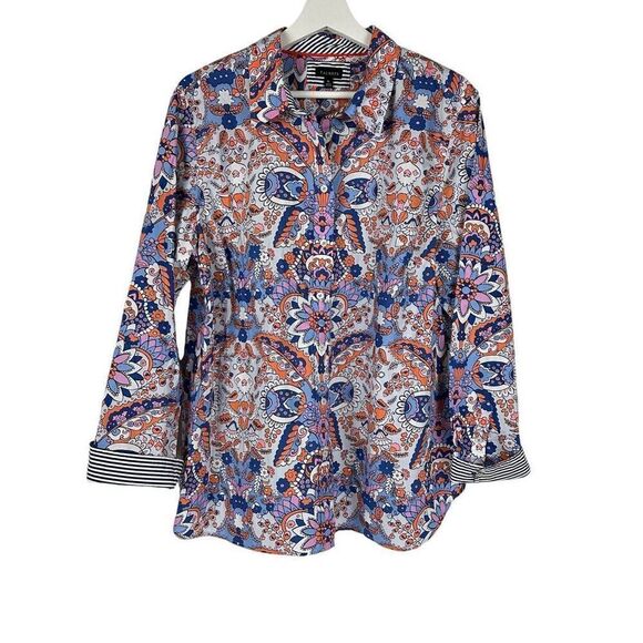 Talbots XL Classic Cotton Button Down Shirt Royal Palm Paisley Orange Blue - Picture 3 of 12